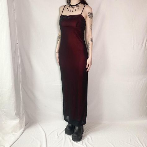 vintage vampy mesh overlay dress 

vintage late 90’s... - Depop Formal Slip Dress, Gothic Formal, Mesh Overlay Dress, Dark Fairy, Empire Waistline, Overlay Dress, Mesh Overlay, Burgundy Dress, Dress Vintage