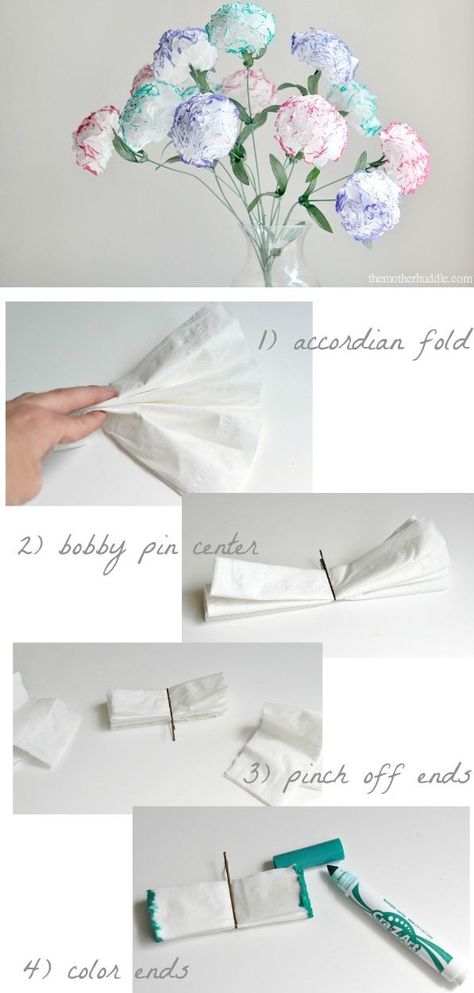 Use Kleenex and markers to make a flower bouquet that will never wilt. | 17 Easy Emergency Mother's Day Crafts For Kids Kleenex Flowers, Make A Flower Bouquet, Fluffy Flowers, Tissue Flowers, Paper Bouquet, Mothers Day Crafts For Kids, Floral Tape, Cool Ideas, Mothers Day Crafts