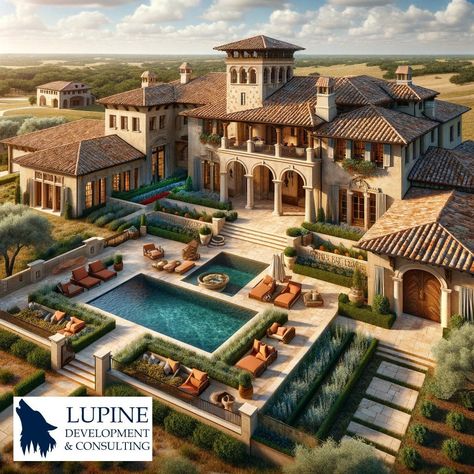 Mansion Exterior Luxury Modern, Modern Tuscan Style Homes, Tuscan Mansion, Tuscan Houses, Castle House Design, Mediterranean Mansion, House Mediterranean, Tuscan Style Homes, Sims Inspiration