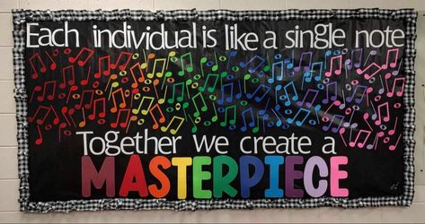 Each individual is like a single note, Together we create a Masterpiece.” Art And Music Bulletin Board, Music Classroom Bulletin Boards Cute Ideas, Chorus Room Decor, Middle School Music Bulletin Boards, Music Makes Life Colorful, Music Displays Classroom, Choir Bulletin Board Ideas, Music Room Bulletin Board Ideas, Elementary Music Classroom Decor Themes