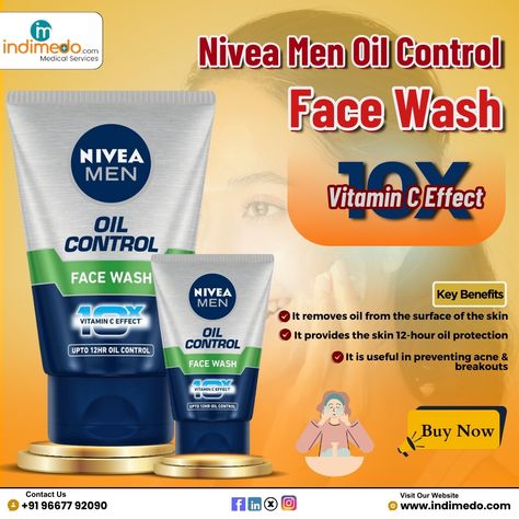 Nivea Men Oil Control Face Wash 10X Vitamin C Nivea Men Oil Control Face Wash is a deep cleansing formula enriched with Magnolia Bark extracts, that removes excess oil to leave the skin non-greasy and oil-free. It helps in preventing acne and eliminates dirt from the surface of the skin. #niveamen #oilcontrolfacewash #deepcleansing #menskincare #HealthySkin #oilfreeskin #VitaminCBoost #MagnoliaBarkExtract #facewashformen #clearskin Oil Control Face Wash, Face Wash For Men, Nivea Men, Prevent Acne, Mens Skin Care, Oil Control, Deep Cleansing, Oil Control Products, Face Wash