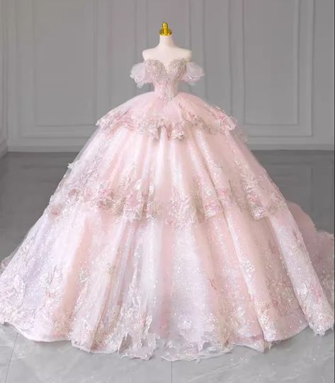 Ball Gown Pink Wedding Dresses Lace Appliques Tiered Big Ballgown Wedding Dress Fairytale, Quince Dress With Train, Princess Ballgown Dress, Pink Victorian Ball Gown, Beautiful Pink Dresses Princesses, Big Pink Wedding Dress, Floor Length Ball Gowns, Pink Wedding Dress With Flowers, Big Poofy Pink Dress