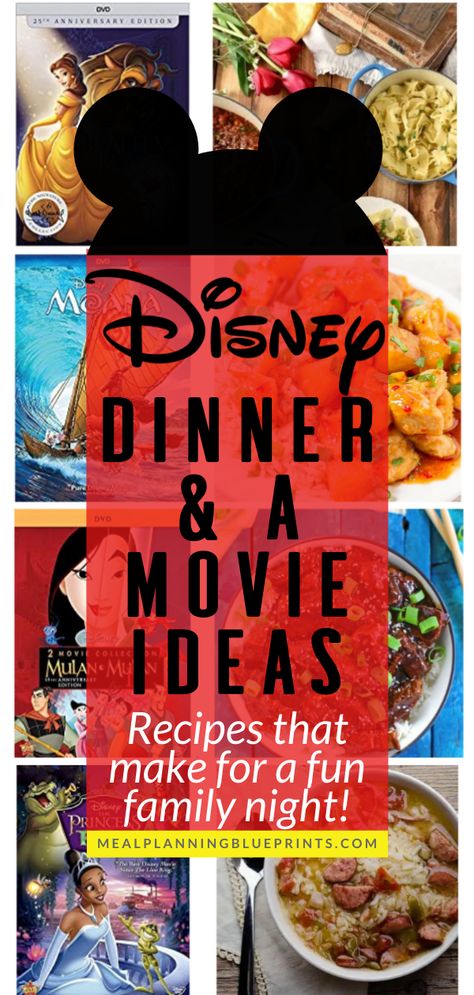 Make your family movie night extra special with Disney movie themed meals to match up with the movie! Here are some inspired Disney dinner recipes and the movie to watch it with. Add these ideas to your meal planning theme nights (Friday Fun night, maybe???). (p.s. these ideas are great for your picky eaters - they'll love having dinner match your Disney movie night!). Click now to see them! Dinner And Movie Ideas, Disney Movie Themed Dinner, Family Movie Night Themes, Disney Movie Night Menu, Themed Meals, Disney Themed Movie Night, Disney Movie Night Food, Disney Movie Night Dinner, Disney Themed Food