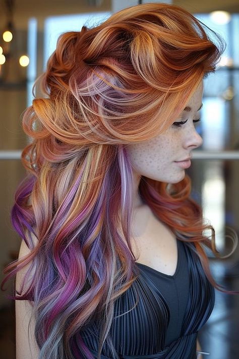 Colorful Hair, Hair Color Ideas, Hair Color, Orange, Hair Styles, Purple, Hair, Red, Pins