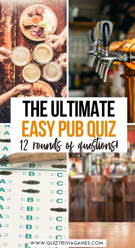 In this perfect easy pub quiz, you will find 13 rounds of easy pub quiz questions and answers, including one free printable picture quiz. Perfect for people who want to have fun! Fun Trivia Questions And Answers, Family Quiz Questions, Trivia Questions For Adults, Pub Quiz Questions, Quote Quiz, General Knowledge Quiz Questions, Family Quiz, Picture Quiz, Science Quiz