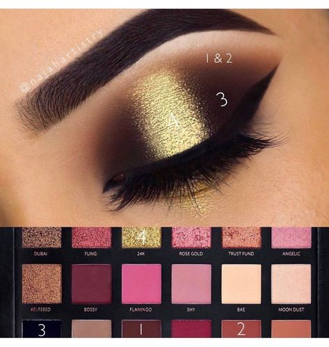 Halo golden eyeshadow Huda Beauty Rose Gold Palette, Rose Gold Palette, Cute Clown Makeup, Huda Beauty Eyeshadow, Rose Gold Eye Makeup, Huda Beauty Rose Gold, Ideas For Makeup, Make Up Designs, Make Up Gold