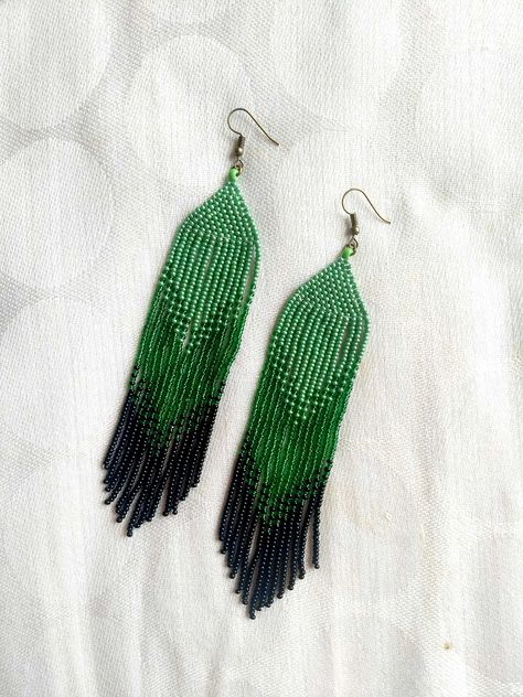 Green Beaded Earrings, Green Black Color, Seed Bead Fringe Earrings, Bead Fringe Earrings, Ombre Green, Beautiful Beaded Earring, Shoulder Duster Earrings, Duster Earrings, Jewelry Sets Handmade