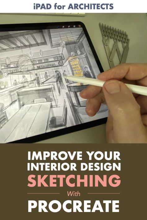 Watch as architect and renderer James Akers reviews the basic principles behind laying out a freehand perspective sketch, then brings it to life with a sense of light and shadow. Whether you use Procreate; draw by hand on paper; or use 3-D software, these timeless principles will help you conceive and present your interior design ideas in the best light. Interior Design Renderings Digital, Procreate For Interior Design, Procreate Interior Sketch, Procreate Interior Design Sketch, Procreate Drawing Interior Design, Graphic Interior Design, Interior Design Procreate, Procreate Rendering, Interior Design Sketching