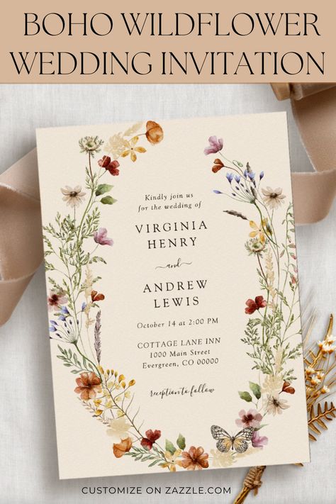 Boho Wildflower Wedding Invitation. This stylish & elegant wedding invitation features gorgeous hand-painted watercolor wildflowers arranged as a lovely wreath perfect for spring, summer, or fall weddings. Find matching items in the Boho Wildflower Wedding Collection. Wild Flower Wedding Invitation, Wildflower Invitations, Fall Wildflower Wedding, Wedding Invites Wildflower, Spring Wildflower Wedding Invitations, Wildflower Wedding Invitation Suite, Boho Wildflower Wedding, Boho Wildflower Wedding Invitation, Wildflower Wedding Invitation Template