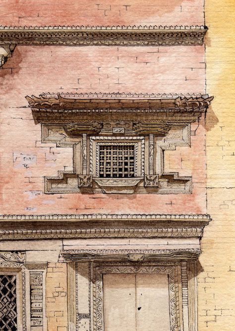 Typical Newar window, Kathmandu, Nepal. Watercolour, pencil and ink. By Dean Thody Newari Architecture, Nepali Architecture, Nepal Aesthetic, Nepali Traditional, Nepali Culture, Nepal Art, Desert Theme, Window Drawing, Adventure Tourism