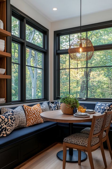 Get some inspo for a stylish modern breakfast nook. Breakfast Nook With Round Table, Victorian Breakfast Nook, Round Bench Seating, Kitchen Nook Ideas Bay Windows, Morning Room Off Kitchen Ideas, Outdoor Breakfast Nook, Modern Breakfast Nook Ideas, Round Table With Bench, Breakfast Nook Sitting Area