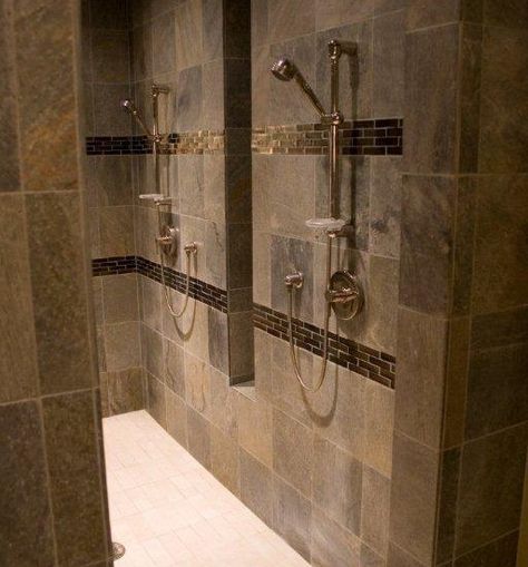 Walk In Shower Design- big tiles and little accents , double shower head 2 Shower Heads Walk In, Dr Room, Stand Up Showers, Brown Shower, Double Shower Heads, Walk In Shower Designs, Brown Decor, Double Shower, Great Bathrooms