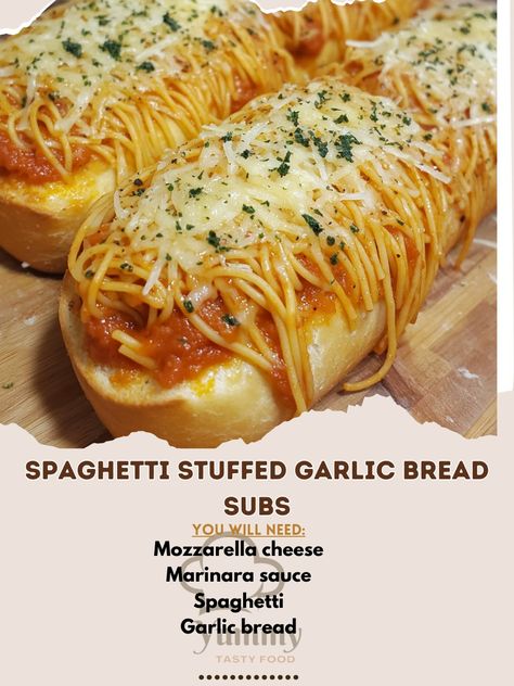 🍝🥪 Spaghetti Stuffed Garlic Bread Subs – A fun twist on classic spaghetti, stuffed in crispy garlic bread. Perfect for a satisfying lunch or dinner! 🥖🍝 #SpaghettiSubs #ComfortFood Spaghetti Stuffed Garlic Bread Subs Ingredients: Garlic bread (4 sub rolls) Spaghetti (2 cups, cooked) Marinara sauce (1 cup) Mozzarella cheese (1 cup, shredded) Parmesan cheese (1/4 cup, grated) Olive oil (2 tbsp) Italian seasoning (1 tsp) Instructions: Preheat oven to 375°F (190°C). Cut sub rolls lengthwise bu... Spaghetti In Garlic Bread, Spaghetti Stuffed Garlic Bread Subs, Spaghetti Garlic Bread, Spaghetti Stuffed Garlic Bread, Spaghetti With Marinara Sauce, Crispy Garlic Bread, Stuffed Garlic Bread, Sauce Spaghetti, Sub Rolls