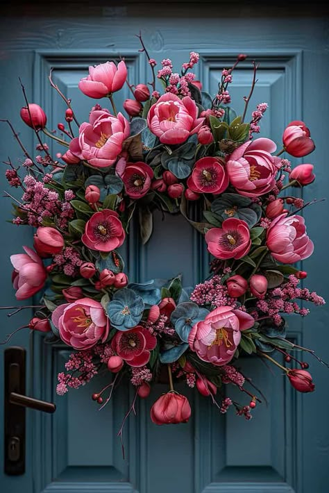 55 Fresh and Inspiring Spring Wreath Ideas to Brighten Your Doorstep Spring House Decorations, Diy Summer Wreaths, Spring Wreath Ideas, Spring Flower Wreath, Wreath Stand, Floral Door Wreaths, Spring Wreath For Front Door, Peony Wreath, Colorful Wreath