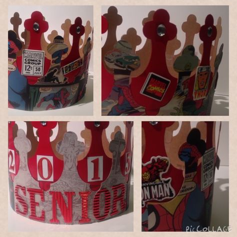 Senior Crown Marvel Senior Crown, Senior Crown Ideas Spiderman, Spider Man Senior Crown, Spiderman Senior Crown, Senior Crown Ideas For Boys, Senior Year Crowns, Crown Graduation Cap, Senior Caps, Crown Point Indiana