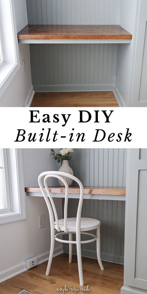 DIY built in desk or DIY built in computer desk with DIY wood desk top and chair as part of office DIY built ins Diy Closet Desk Small Spaces, Mud Room Desk Ideas, Desk Bookshelf Diy, Fireplace Desk Built In, Walk In Closet Desk, Mud Room With Desk, Desk Built Into Closet, Small Closet Desk, Built In Desk Diy