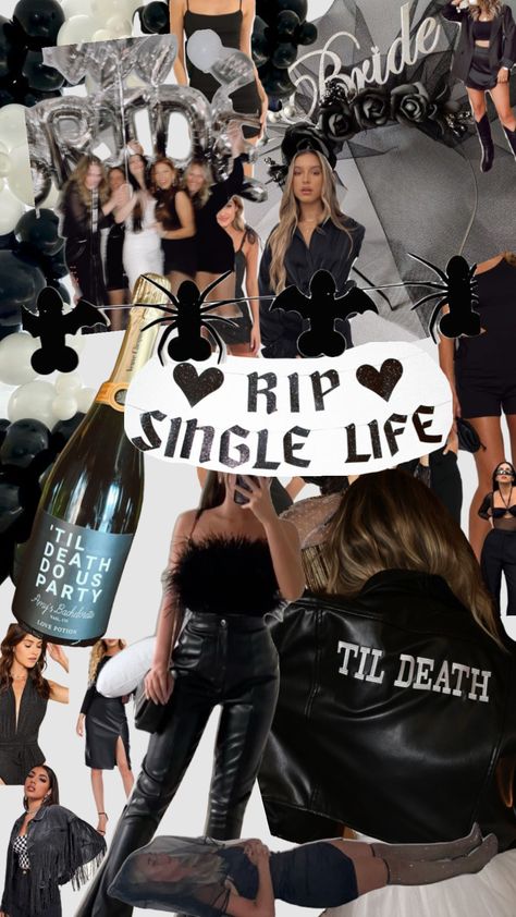 #ripsinglelife Bachelorette Party Outfit Themes, Bachelor Night, Black Bachelorette Party, Bride To Be Decorations, Hens Party Themes, Bride Or Die, Black Red Wedding, Bachelorette Decor, Single Lady