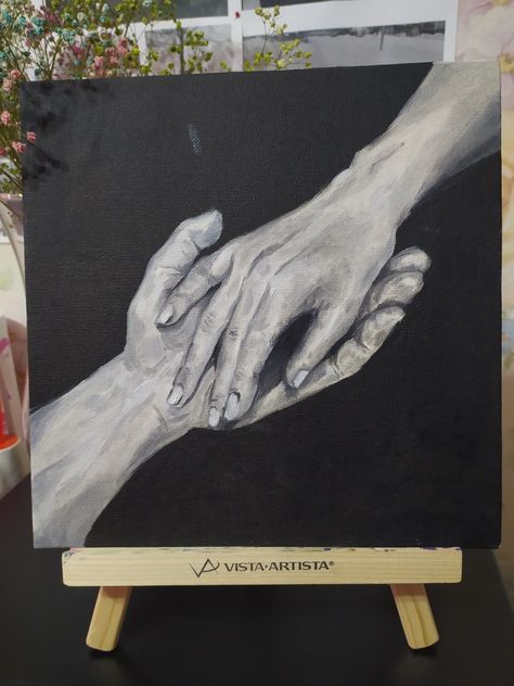 Oil painting on canvas Hand In Hand Painting, Painting Hands Tutorial, Holding Hands Painting Acrylic, Hands Holding Painting, Hands Painting Aesthetic, Meaningful Painting Ideas On Canvas, Painting Of Hands Acrylic, Hand Holding Painting, Two Hands Painting