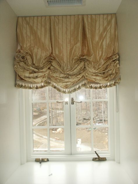 Gathered Balloon Shade with Tassel Fringe Austrian Shades, Curtain Cover, Balloon Shades, Balloon Valance, How To Make Balloon, Balloon Curtains, Contemporary Windows, French Country Living Room, Curtains For Bedroom