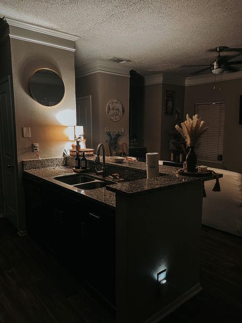 cozy night in 💤💤 #apartment #aesthetic #decor #clean Our First Apartment Aesthetic, Cozy Kitchen Aesthetic Night, Apartment At Night Aesthetic, Kitchen Aesthetic Night, Night Apartment Aesthetic, Apartment Night Aesthetic, Cozy Vintage Apartment, Couple Apartment Aesthetic, New Apartment Aesthetic