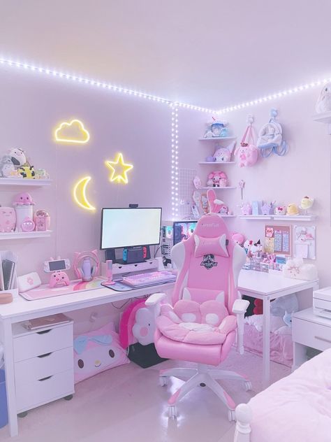 Anime Gaming Room, Aesthetic Gaming Room, Kawaii Gaming Setup, Cute Kawaii Room, Paw Cushion, Pink Gaming Chair, Room Pic, Aesthetic Gaming, Games Room Inspiration