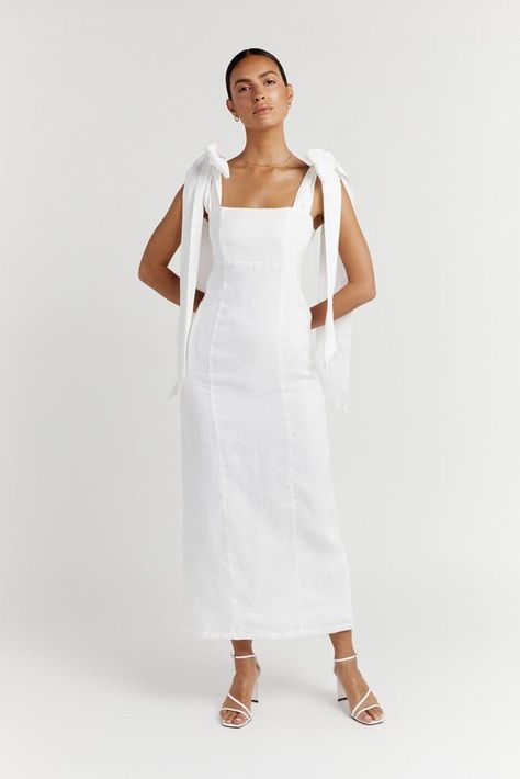 Soft Feminine Outfits, Feminine Outfits, White Linen Dresses, Linen Midi Dress, Vogue Australia, Soft Feminine, Wedding Rehearsal, White Bow, Feminine Outfit