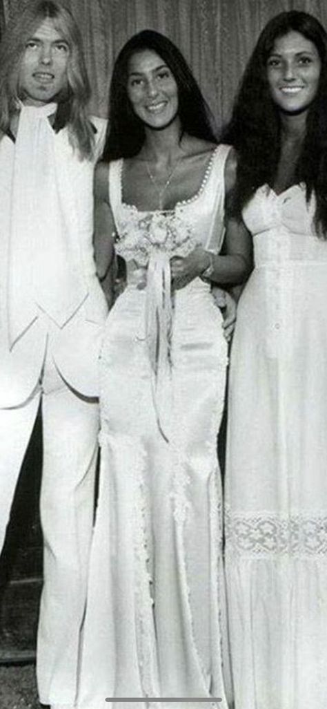 Cher Inspired Wedding Dress, Chers Wedding Dress, Trad Wife Dress, 1970s Wedding Photos, Cher Wedding Dress, Vintage Mexican Wedding Dress, Cher Wedding, 1960 Wedding, 70s Bride