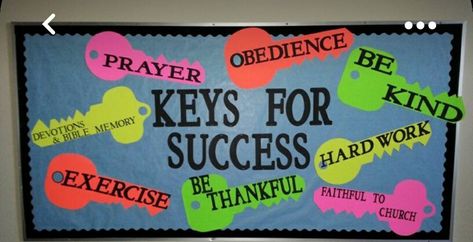 Keys To Success Bulletin Board, School Library Organization, Notice Board Decoration, Soft Board Decoration, Kids Bulletin Boards, College Bulletin Boards, Class Bulletin Boards, Soft Board, Classroom Welcome