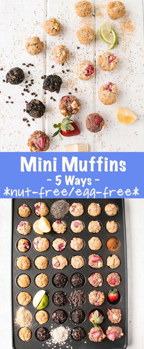 School-Safe Mini Muffins 5 Ways - My Kitchen Love Egg Free Nut Free Recipes, Egg Free Lunches For Kids, School Safe Cookies, Egg And Nut Free Recipes For Kids, Back To School Baked Goods, Nut Free School Snacks, Nut Free Muffins, Nut Free School Lunch, School Safe Snacks