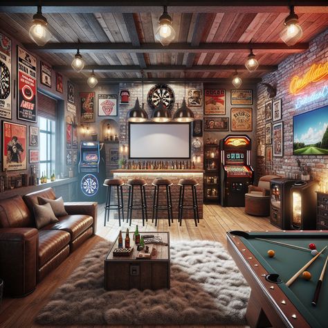 A man cave blending rustic and modern vibes with brick walls, a big TV, pool and dart games, a minibar, leather furniture, sports memorabilia, vintage arcade games, neon lights, a shaggy rug, a jukebox, and industrial lighting. #mancave #vintage #modern #gamesroom #minibar #homedecor Industrial Game Room Vintage, Garage Game Rooms Rustic, Man Cave Brick Wall, Garage Pool Table Room Rustic, Vintage Sports Bar Interior, Garage Pub, Industrial Man Cave, Modern Man Cave, Rock Room