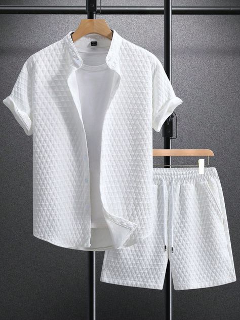 White Casual Collar   Plain  Embellished Slight Stretch  Men Clothing Shein Outfit For Men, Latest Jalabia Styles For Men, Guys Fashion Casual Summer, Shein Outfits For Men, White Clothes Men, Man Clothes Style, Mens Wear Casual, Casual Clothes For Boys, White Outfit Men