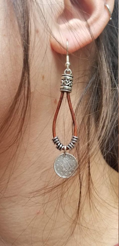 Leather and silver dangle earrings with coin or heart charm | Etsy Boho Jewelry Earrings, Leather Cord Jewelry, Leather Jewelry Making, Laser Cut Wood Earrings, Leather Jewelry Diy, Cord Jewelry, Earring Wires, Light Brown Leather, Wire Work Jewelry