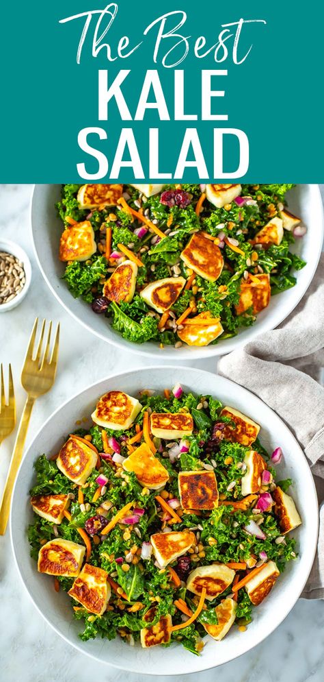 Spinach Kale Salad, Best Kale Salad, Meal Prep Lunch, Halloumi Cheese, Halloumi Salad, Kale Salad Recipes, Prep Lunch, Best Meal Prep, Salad Meal Prep