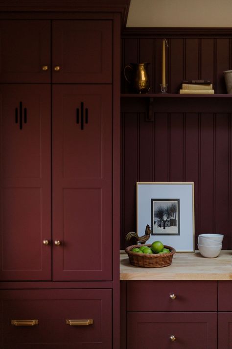 Dark red kitchens, custom kitchen, interior photographer in Regina, Saskatchewan Red Utility Room, Dark Red Cabinets, Dark Red Kitchen Cabinets, Burgundy Cabinets, Dark Red Kitchen, Aubergine Kitchen, Red Kitchens, Cabinets In Kitchen, Red Kitchen Walls