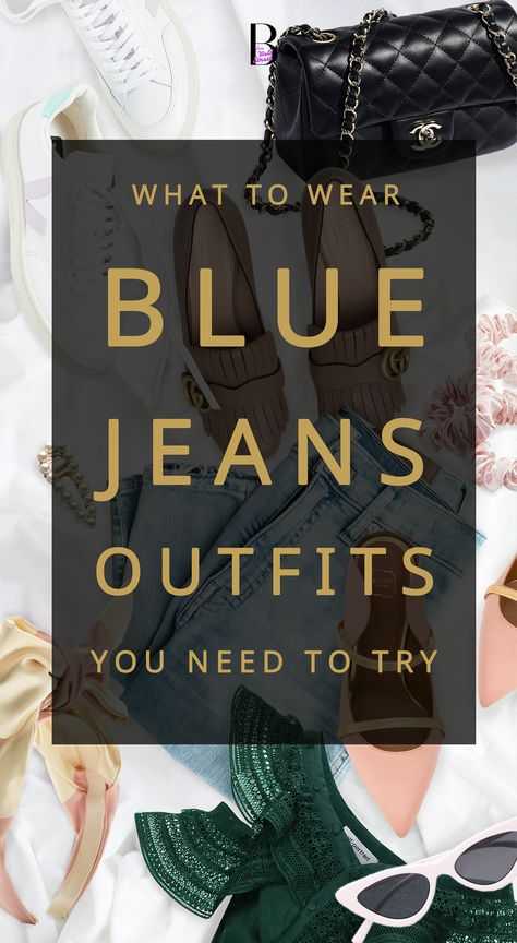 No idea what to wear? You can always wear #bluejeans Visit Brunette from Wall Street to see 9 #bluejeansoutfit #ideas and see #howtostyle blue #jeans in the most #fashionable way every day Dress Up Blue Jeans Outfit Ideas, What To Wear With Dark Blue Jeans, How To Dress Up Jeans, How To Style Dark Blue Jeans, Navy Jeans Outfit, Blue Jeans Outfits, What To Wear With Jeans, Trendy Jeans Outfits, How To Wear Jeans