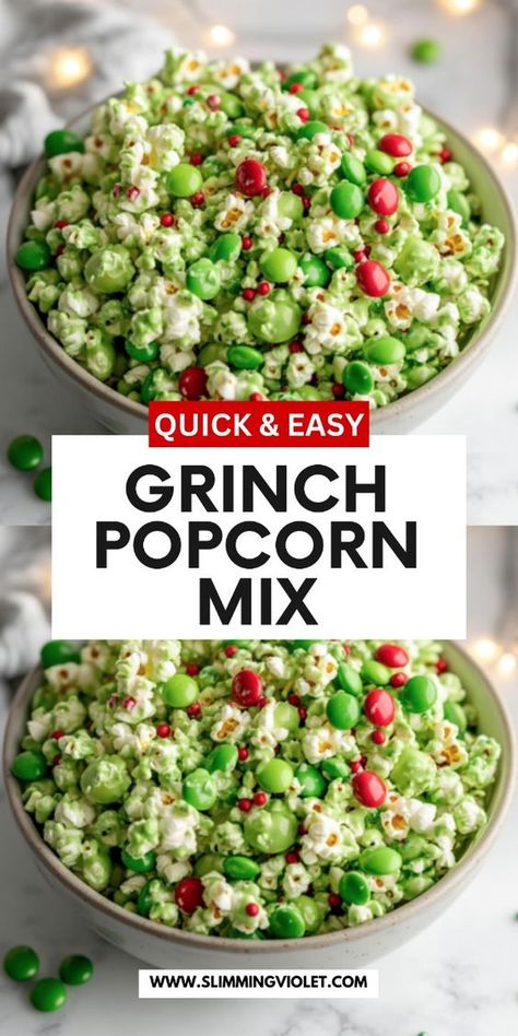 This Grinch Popcorn Mix is a fun and festive treat that’s perfect for holiday movie nights! Bright green popcorn, candy, and sprinkles make it a playful addition to your Christmas snacks. Save this recipe for a Grinch-inspired treat that’s sure to steal the show! Grinch Day Snacks For School, Grinch Themed Movie Night Snacks, Christmas Fair Food Ideas, Snacks For Christmas Party For Kids, Holiday Themed Snacks For Kids, Grinch Themed Food Movie Nights, Christmas Sweets For Kids, Grinch Movie Snacks, Grinch Popcorn Recipe Easy