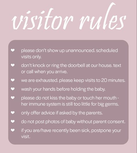 Newborn baby visit visitor rules guest guidelines in-laws grandparents hospital Rules For My Newborn, When Visiting A Newborn, Rules For Newborn Baby, Labor And Delivery Rules For Family, Rules For Hospital Visitors, Birth Rules For Visitors, Rules When Visiting New Baby, Newborn Rules For Visitors Sign, Baby Boundaries List