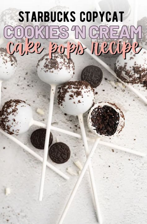 Smooth chocolate cake with cookie bits, dipped in a yummy white chocolate coating and topped with crushed oreos – this copycat for Starbucks Cookies and Cream Cake Pops is SUPERB. | copycat starbucks cake pops | starbucks copycat cake pops recipe | how to make starbucks cake pops | cookies and cream cake pops starbucks | homemade cake pops recipe | cake pops with oreo cookies | chocolate cake mix cake pops | starbucks recipes | cake pops with candy melts | cake pops with white chocolate Starbucks Cakepop Recipes, Cake Pops Cookies And Cream, Cooking With Karli Cake Pops, Oreo Cake Pop Recipe Easy, Cake Pops Cookie Dough, Cake Pops Recipe Oreo, Oreo Cake Pops Without Cream Cheese, Starbucks Baked Goods, Cookies And Cream Cake Balls