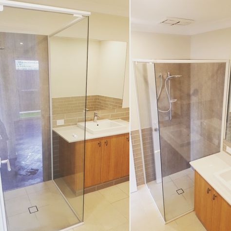 White frame semi frameless shower screen Semi Frameless Shower, Frameless Shower Screen, Shower Screens, Modern Small Bathrooms, White Shower, Frameless Shower, Small Bathrooms, Shower Screen, White Frame