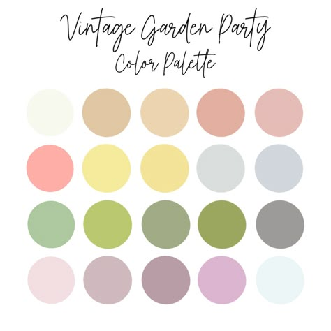 Whimsical Wedding Colour Palette, High Tea Colour Palette, Garden Theme Wedding Color Palette, Summer Party Color Palette, Fairy Colors Palette, Tea Party Colour Palette, Vintage Tea Party Color Palette, Garden Party Palette, Cottage Core Colors Pallet