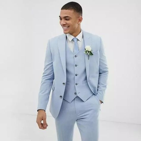 Light Blue Wedding Men Suits Slim Fit Linen Tuxedos Groom Wear Terno 3 Pieces(Jacket+Pants+Vest) Bridegroom Blazer Costume Homme New Style Suits, Tuxedo Coat, Printed Hoodie Men, Dinner Suit, Printed Hoodies Sweatshirts, Light Blue Wedding, Black Pants Men, Khaki Pants Men, Denim Shirt Men