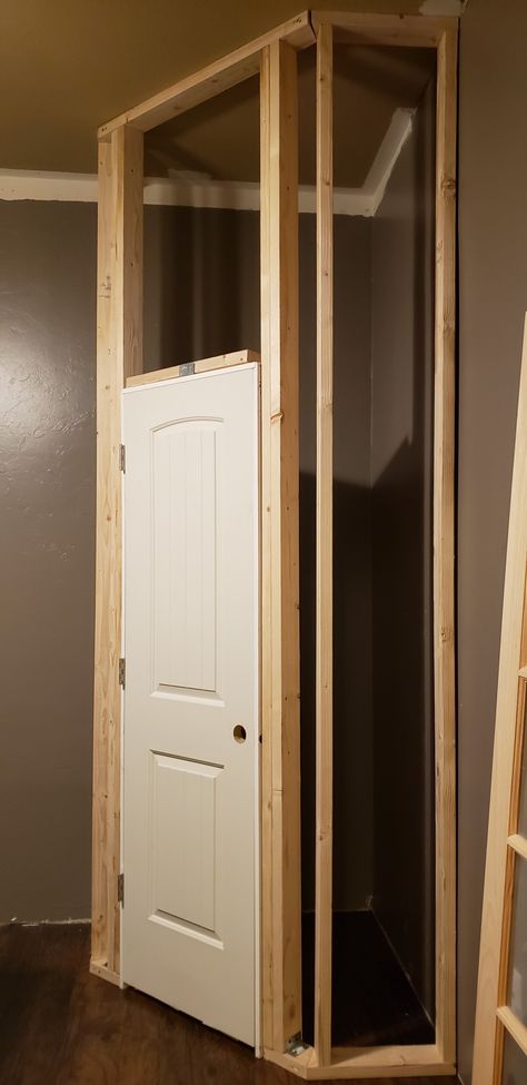 Built In Corner Closet Ideas, Corner Closet Ideas Small Bedroom, Adding A Closet To A Small Bedroom, Add A Closet To A Small Bedroom, Small Basement Closet Ideas, Small Closet Addition, How To Build A Corner Closet, Corner Closet Diy, Adding Closet To Small Bedroom