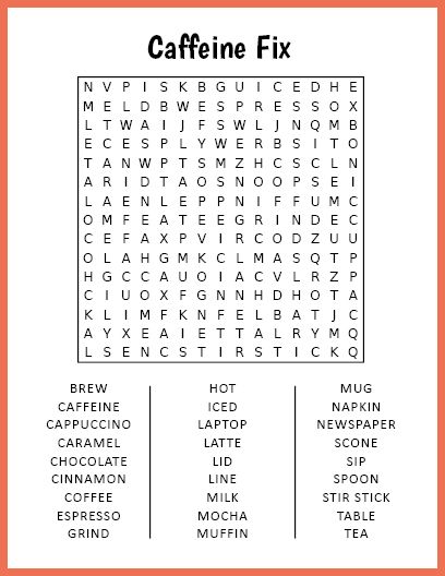 Free Printable Caffeine Fix Word Search Wordsearches For Adults Free Printable, Adult Word Search Printables, Word Search For Adults, Large Print Word Search, Easy Word Search, Free Summer Activities, Free Printable Word Searches, Bible Word Searches, Trip Games