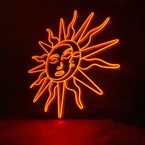 #NeonSigns #BrightIdeas #NeonCrafts #DIYNeon #NeonLightSigns #BrightIdeas Red And Orange Room Aesthetic, Sun Led Light, Sun And Moon Home Decor, Sun And Moon Room Decor, Orange Aesthetic Decor, Neon Orange Sign, Warm Orange Aesthetic, Yellow Aesthetic Room Decor, Gold Neon Sign