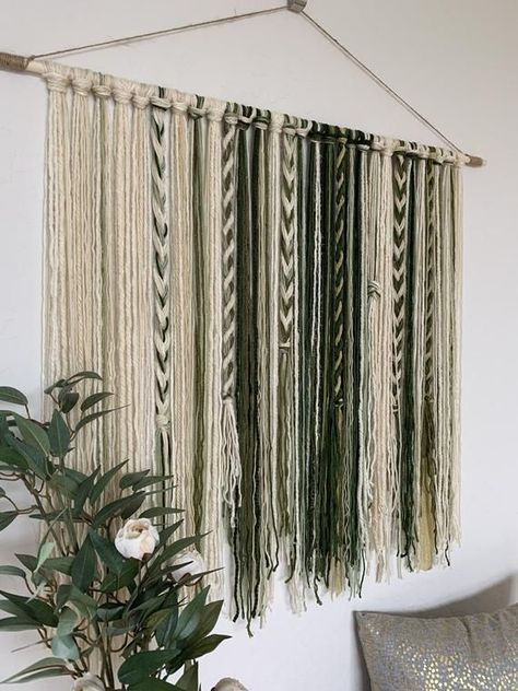 Tapestry, Yarn Tapestry, Yarn Wall Hanging, Ivory, Gold, Olive and Forest Green Yarn Tapestry, Boho Yarn, Yarn Hanging, Yarn Wall Art, Yarn Wall, Macrame Wall Hanging Diy, Diy Yarn, Macrame Wall Hanging Patterns, Yarn Wall Hanging