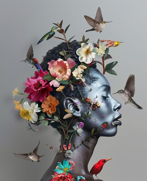 Full body shot, photorealistic of an African woman with flowers and birds on her skin, arms above head, grey background, in the style of James Bidgood for vogue magazine cover Woman With Flowers Painting, James Bidgood, Woman And Flowers, Vogue Magazine Cover, Flower On Head, Botanical Fashion, Artistic Portrait, Botanical Collage, Woman With Flowers