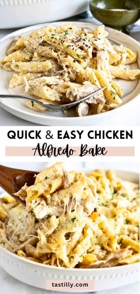 Transform your favorite Alfredo pasta into a creamy casserole with this Quick & Easy Chicken Alfredo Bake. Freshly cooked pasta, juicy rotisserie chicken meat, and homemade Alfredo sauce all topped with shredded cheese and baked until bubbly and cheesy, this casserole is a full, delicious, and classic meal that comes together in 40 minutes! Homemade Chicken Alfredo Recipe, Chicken Fettucini, Healthy Chicken Alfredo, Alfredo Pasta Bake, Homemade Chicken Alfredo, Ham And Noodle Casserole, Baked Chicken Alfredo Pasta, Chicken Alfredo Casserole, Cheesy Chicken Pasta