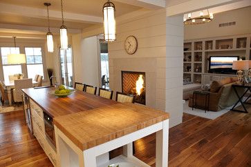 contemporary kitchen by New Urban Home Builders Ranch Rambler Remodel, Kitchen Design With Fireplace, 2 Sided Fireplace Living Room, Hearth Room Off Kitchen With Fireplace, Fireplace Between Kitchen And Living, Dual Sided Fireplace, Two Way Fireplace, Fireplace Sunroom, Beach Style Kitchen