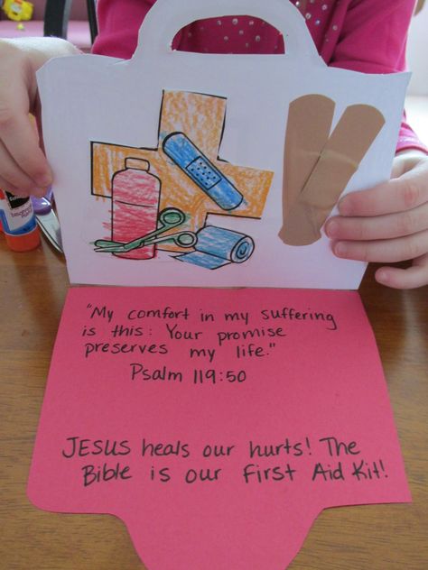 first aid kit is the Bible and Jesus heals our hurts! Sunday School Projects, Children's Church Crafts, Bible Story Crafts, Preschool Bible, Sunday School Crafts For Kids, Bible School Crafts, Christian Crafts, Jesus Heals, Bible Crafts For Kids