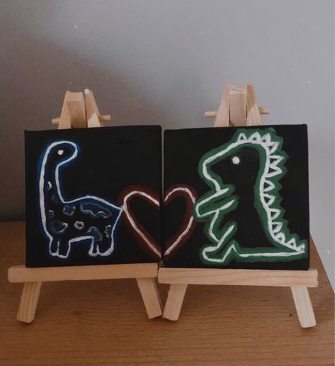 Cute Dinosaur Painting Canvas, Dinasour Painting Canvas Easy, Cute Dinosaur Painting Acrylic, Easy Neon Paintings, Dinosaur Painting Ideas, Dinosaur Painting Easy, Matching Canvas Painting Ideas, Neon Canvas Painting Ideas, Trippy Wall Paintings